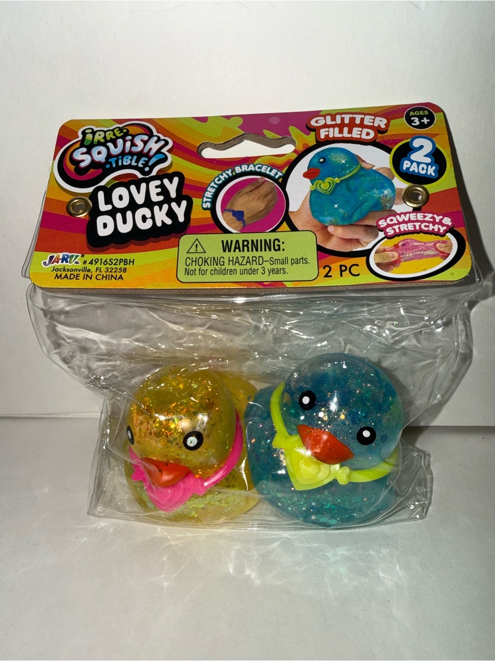 JARU Squishy Tibles Glitter Filled Stretchy Bracelet Lovey Duckies 2 Pack Blue/Y